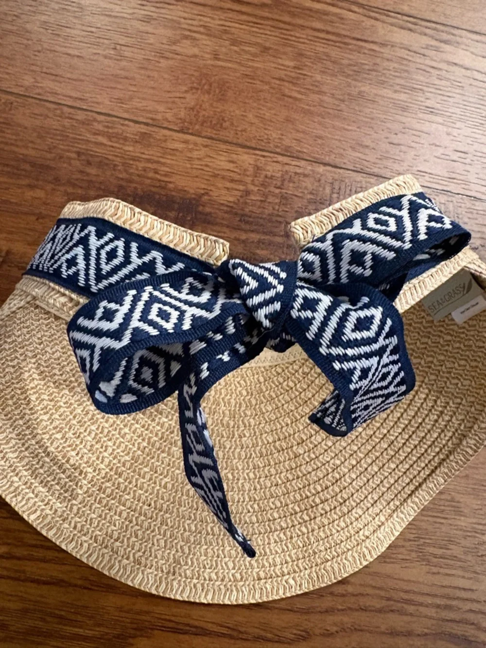 Sea & Grass Straw Visor Navy Ribbon Tie Coastal Preppy Sun Hat